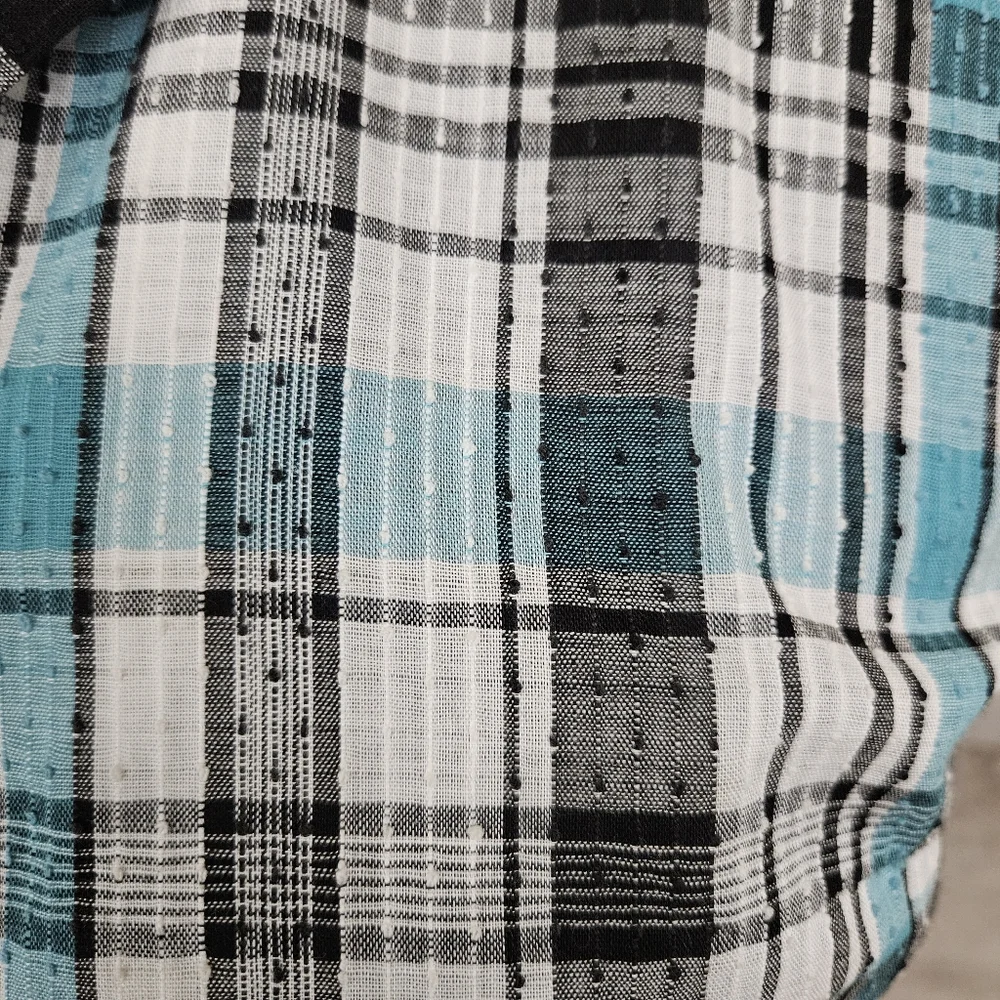 Vintage 1960s Seersucker Blouse XS Swiss Dot Blue Teal Black Rockabilly Plaid